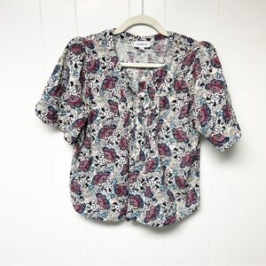 Evereve White and Blue Floral Short Sleeve Top with Puff Sleeves Small